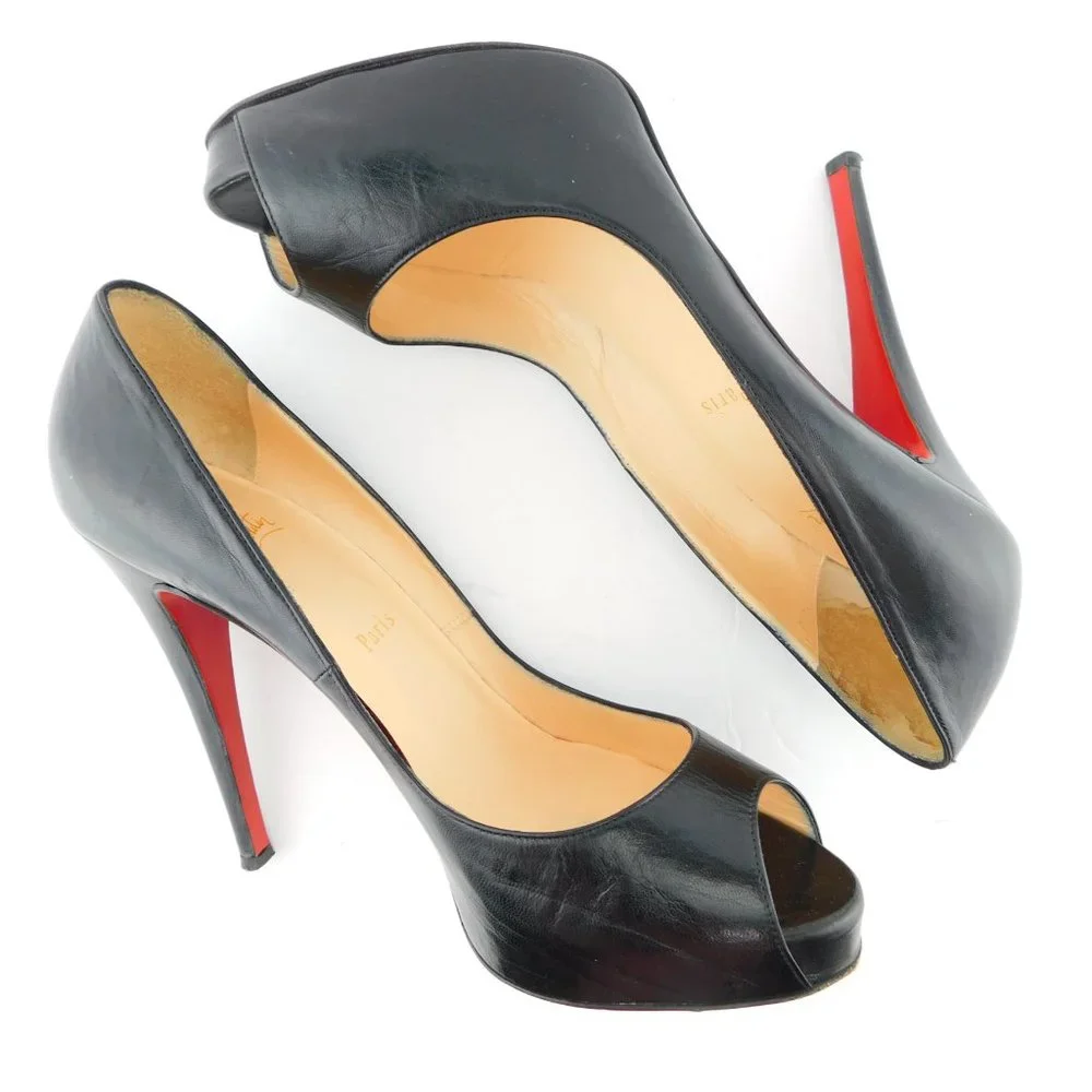 CHRISTIAN LOUBOUTIN Black Leather Peep Toe Platform Heel Pumps 38.5